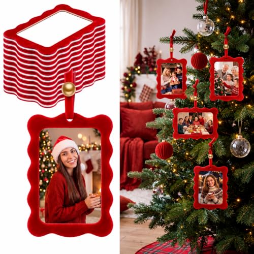 Pinkunn 10-Pack Red Scalloped Velvet Christmas Photo Frame Ornaments - Holiday Decor