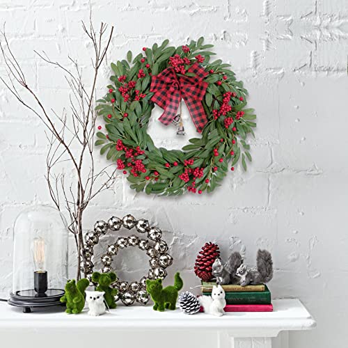 Christmas Olive Wreath for Front Door with Red Berries and Jingle Bell Decor - 20 Inch Farmhouse Holiday Decoration