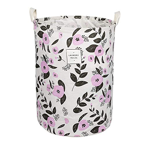 UUJOLY Waterproof Round Laundry Hamper - Collapsible Cotton Linen Basket, 19.7x15.7 in, Purple