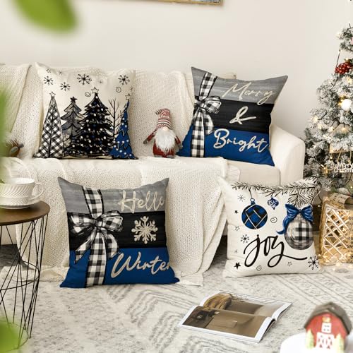 Merry Christmas Blue & Black Throw Pillow Covers - Set of 4, 18x18 Inch