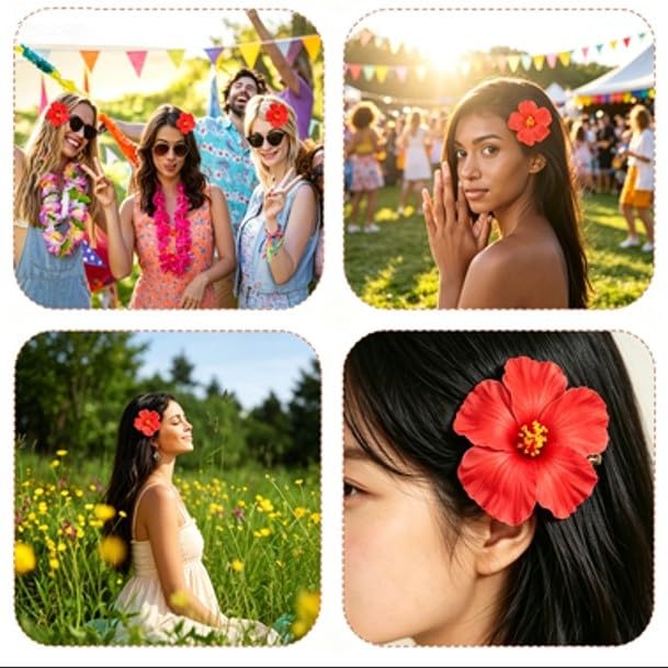 Red Hawaiian Flower Hair Clip Set - 4Pcs 8cm Tropical Floral Hair Accessory