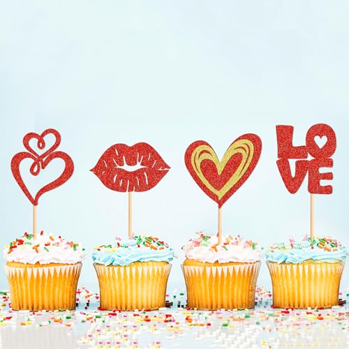 Valentine's Day Glitter Cupcake Toppers 24 Pcs Heart Cake Picks
