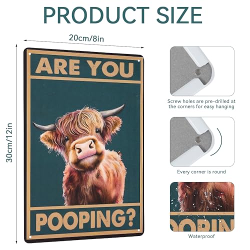 Funny Highland Cow Bathroom Sign - Vintage Metal Wall Art 8x12