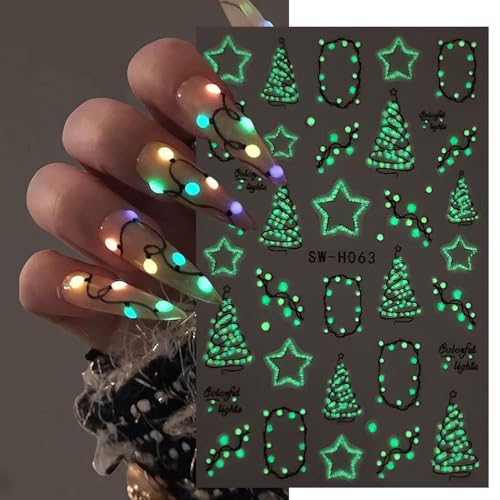 Christmas Nail Stickers 6 Sheets 3D Glow in the Dark Winter Decals