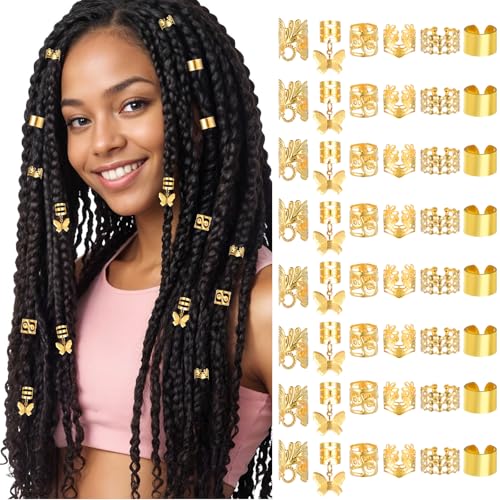 Tyqour 48Pcs Gold Hair Jewelry & Cuffs for Braids and Locs