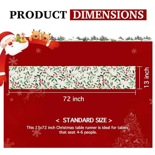 Farmhouse Christmas Table Runner Green Leaves & Berries Decor 13x72 Inches - Burlap