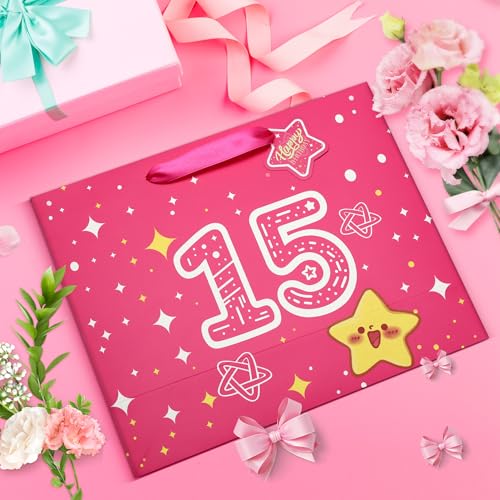 15th Birthday Gift Bag Set - Pink Starry Sky Design, Medium Size