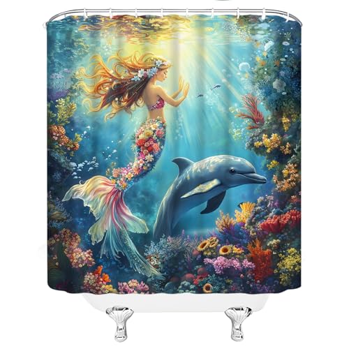 Ocean Mermaid Shower Curtain - 70" x 70" Floral Underwater Decor