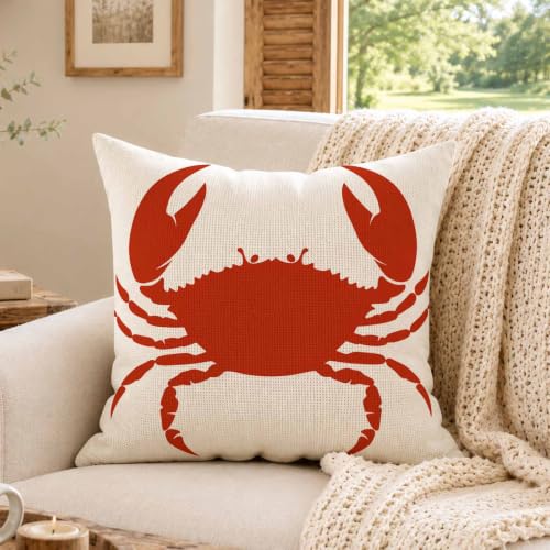 Red Crab Linen Throw Pillow Cover 18x18 Inch Nautical Decorative Cushion for Couch & Bedroom