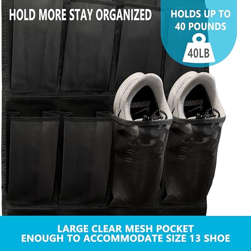 Over The Door Shoe Organizer with 24 Breathable Mesh Pockets - Black