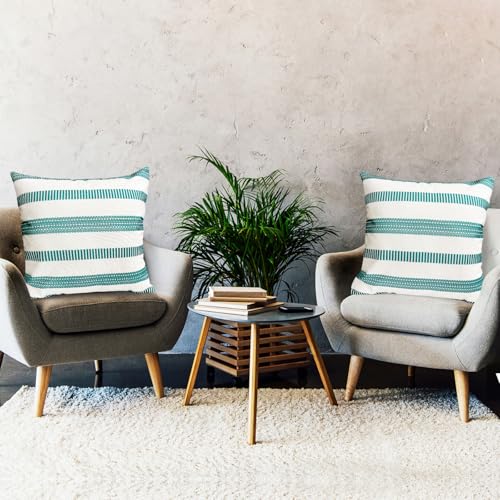 Teal Blue Boho Striped Throw Pillow Covers 16x16 Set of 2 Linen