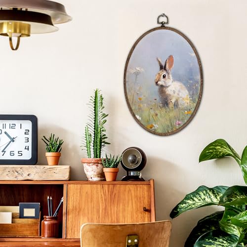 Easter Bunny Oval Wall Art Decor - Rustic Spring Rabbit Canvas 8.6x11.4