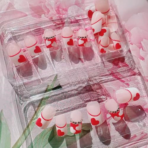 Valentine's Day Short Press On Nails Red White Heart French Fake Nails