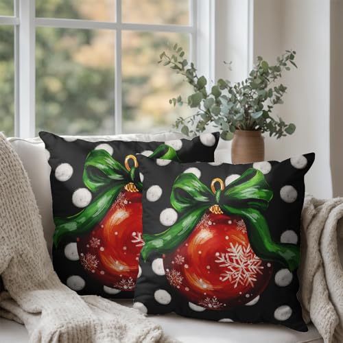 Christmas Pillow Covers Set of 2 - 18x18 Inch Red & Green Xmas Balls