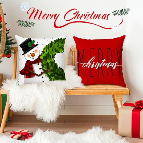 Brightown Christmas Pillow Covers 18x18 Set of 4, Red Holiday Throw Cushions
