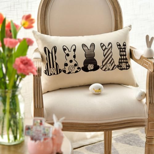 Easter Rabbits Throw Pillow Cover - 12x20 Inch Black & White Decoration
