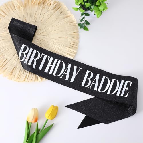 Birthday Baddie Sash for Adults - Black Glitter with Silver Foil