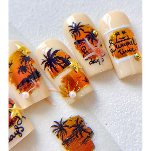 5D Embossed Summer Beach Nail Art Stickers - Palm Tree & Seashell Decals