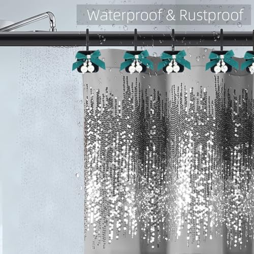 Green Satin Bowknot Shower Curtain Hooks Set - 12 Metal Hangers for Bathroom & Bedroom