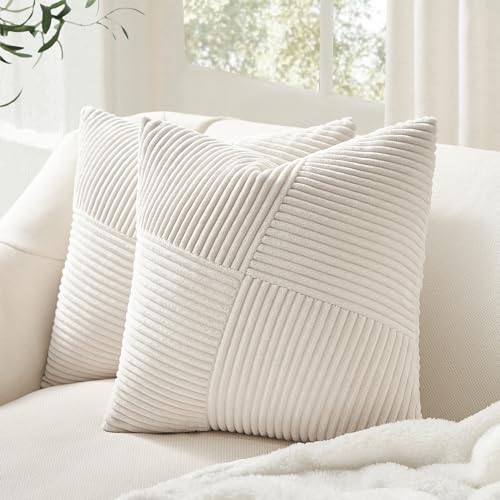 Topfinel Cream Corduroy Throw Pillow Covers Set of 2, 18x18 Inch