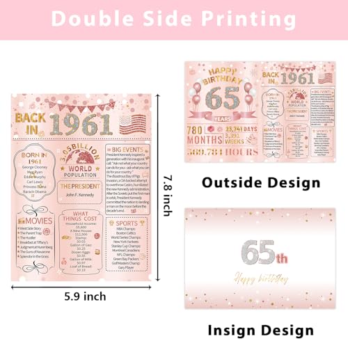 HOMANGA Rose Gold 1961-65 65th Birthday Card for Women with Envelope & Stickers