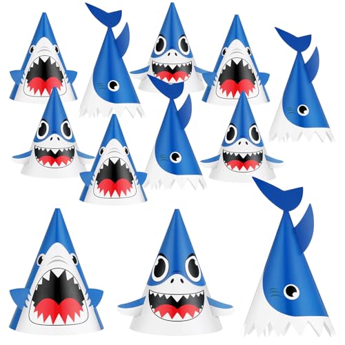 Chinco Shark Birthday Party Hats - 12 Pack with Fins & Teeth