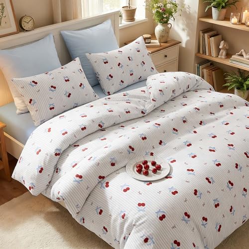 Nayoroom Queen Duvet Cover Set - Blue Striped Cherry Bow Bedding