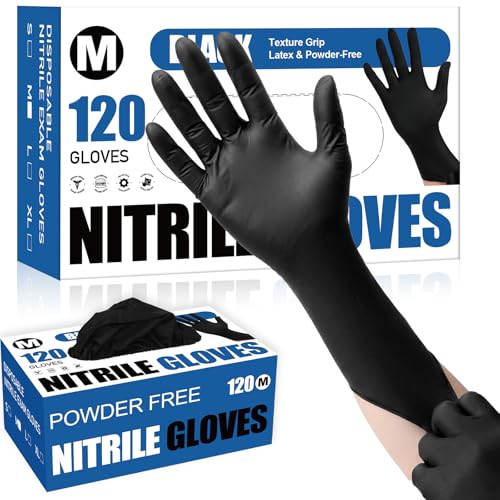 Fixwal Disposable Black Nitrile Gloves, Medium, 4 Mil, 120 Count