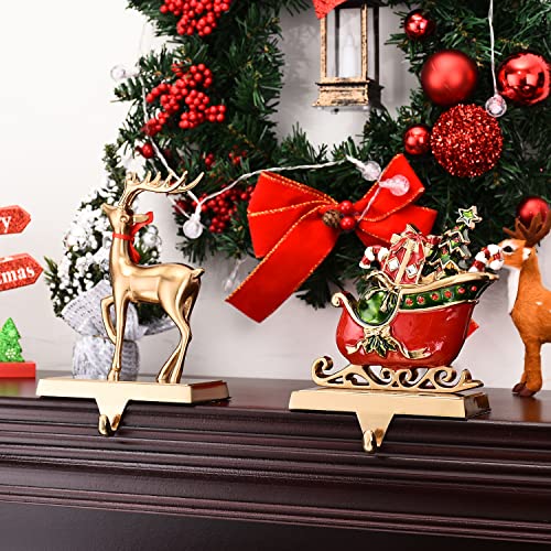 Set of 2 Christmas Stocking Holders with Reindeer & Sled Car Design for Fireplace Mantel Decor