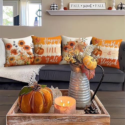NIGHTWISH Fall Pillow Covers Set of 4 - Floral Pumpkin Decor