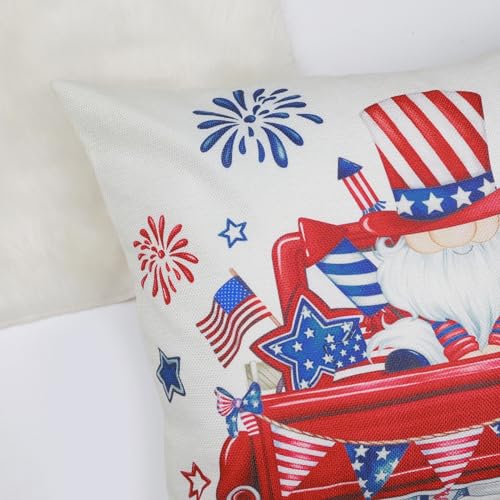 Independence Day Throw Pillow Covers Set of 4 - 18 x 18 Inch Gnome Truck Flag Design