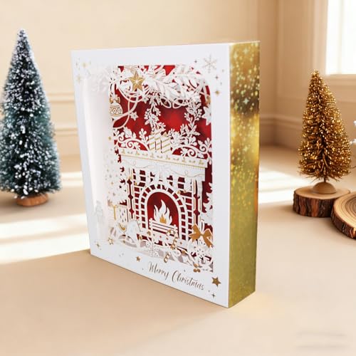 3D Christmas Card with Gold Foil - Pop Up Holiday Greeting Card with Winter Scene, Christmas Fireplace Paper Carved Box