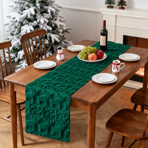 Christmas Snowflake and Elk Table Runner - Faux Fur Jacquard Holiday Decor, 13x90 Inch, Green