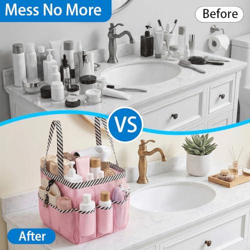 Ynaquest Mesh Shower Caddy - 9 Pocket Portable Toiletry Tote, Pink Stripe