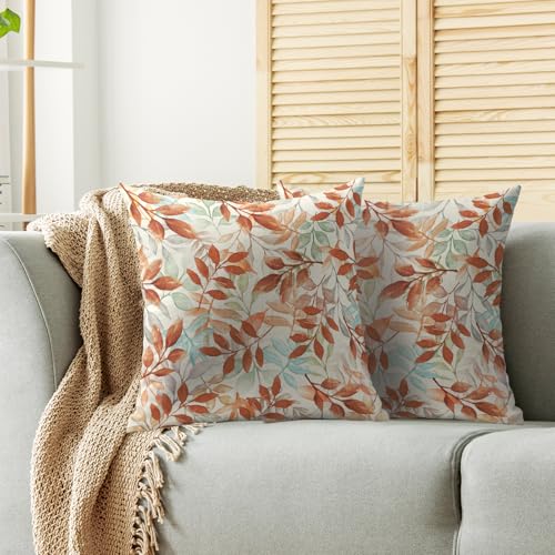 Burnt Orange Fall Pillow Covers 18x18 - Set of 2 Autumn Leaves