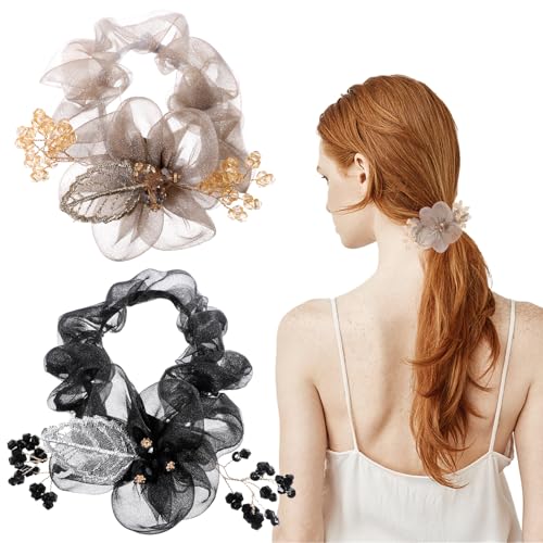 Clear Flower Scrunchies Rhinestone Hair Ties 2 PCS