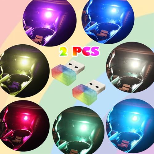 USB LED Car Interior Lights - 2 Pack Multicolor Night Lamps