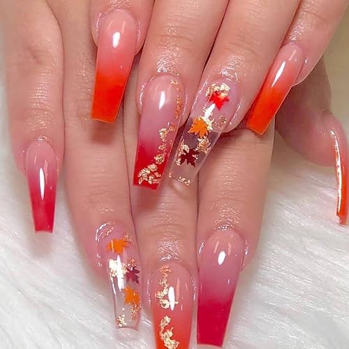 Maple Leaf Press On Nails Long Coffin French Red Gradient Fake Nails