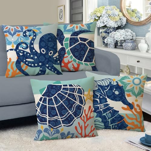 Fahrendom Under The Sea Throw Pillow Covers, 18x18 Marine Life, Set of 4