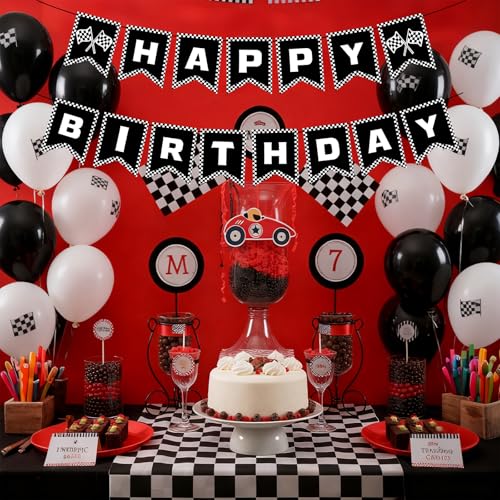 Race Car Birthday Banner - Black & White Checkered Flag Decoration