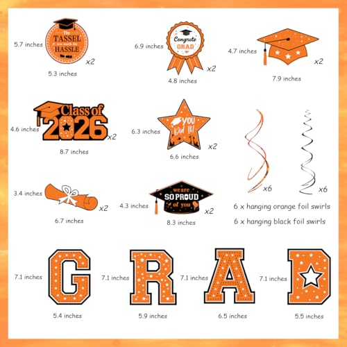 30 Orange & Black Graduation Swirls Decorations - Class of 2026
