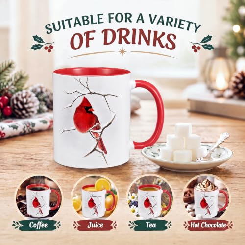 Christmas Cardinal Gift Mug 11oz with Snowy Branch - Holiday Ceramic Cup - Cardinal Bird Variation