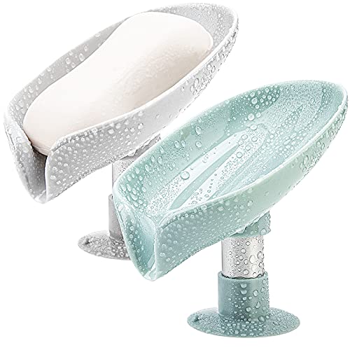 Leaf-Shape Self-Draining Soap Holder, 2-Pack Suction Cup Dish (Grey + Green)