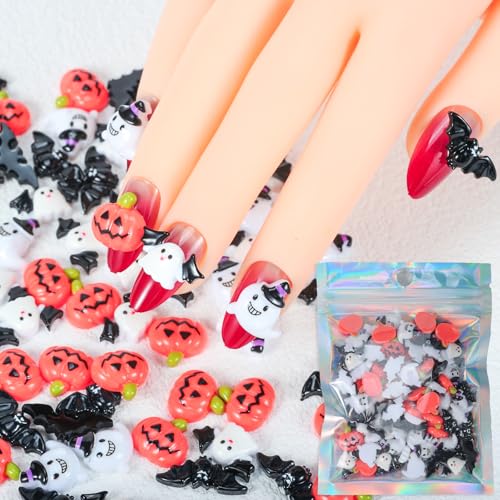 MOLILON 100Pcs Halloween Nail Charms 3D Resin Pumpkin Ghost Bat Gems