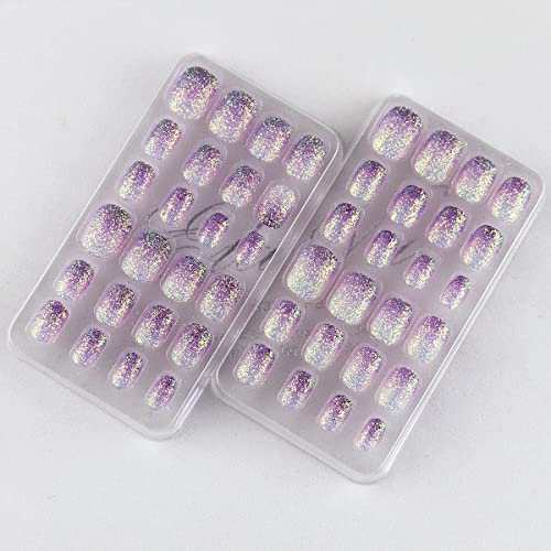 Kids Press on Nails 24Pcs Purple Gradient Glitter Short False Nails