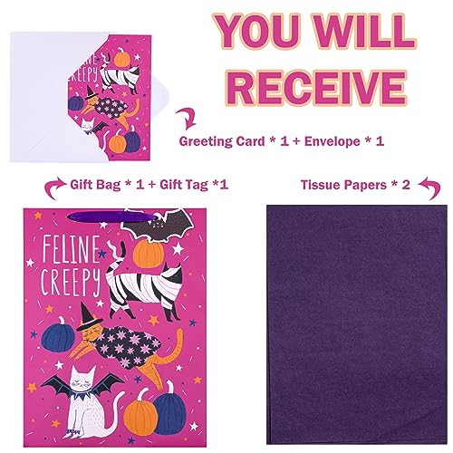 Halloween Gift Bag Set - 13" Cat Design with Card & Tissue Paper
