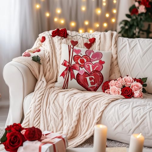 Valentine's Day Pillow Cover 18x18 Inch Red Heart Bow Print