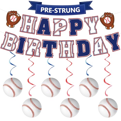 Pre-Strung Baseball Birthday Decorations - Happy Birthday Banner & Swirls