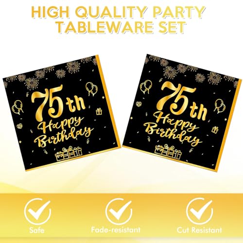 75th Birthday Party Decorations Kit for Men Women - Black & Gold Plates & Napkins | 75th Variation