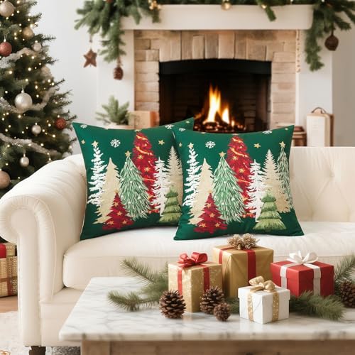 Artscope Christmas Tree Throw Pillow Covers, 18x18 Inch, Set of 2 - Green